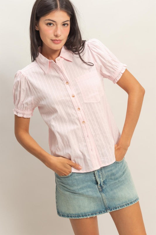 Soft Pink Button-up Puff Short Sleeve Shirt