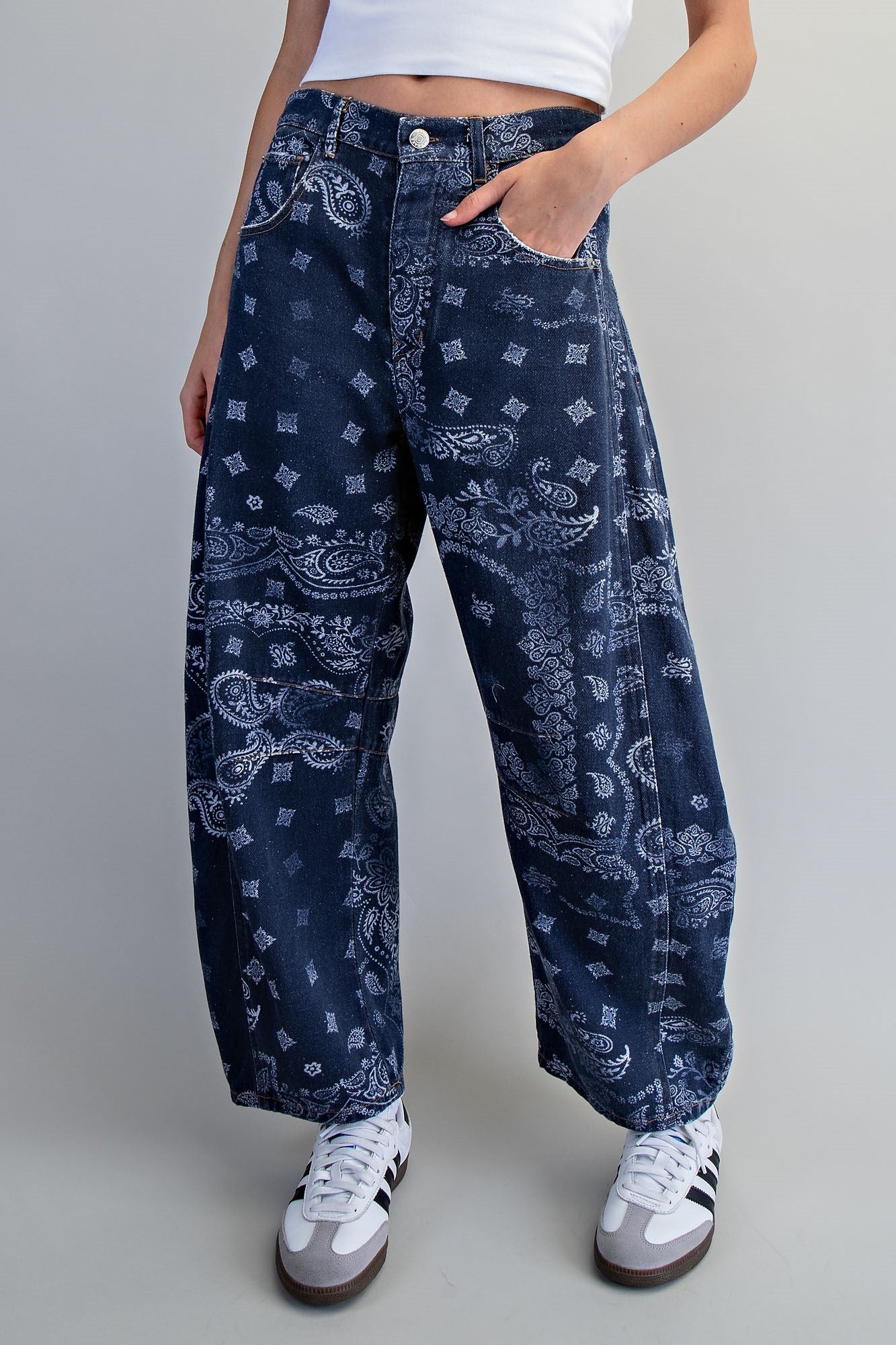 Mineral Washed Paisley Barrel Jeans- Midnight