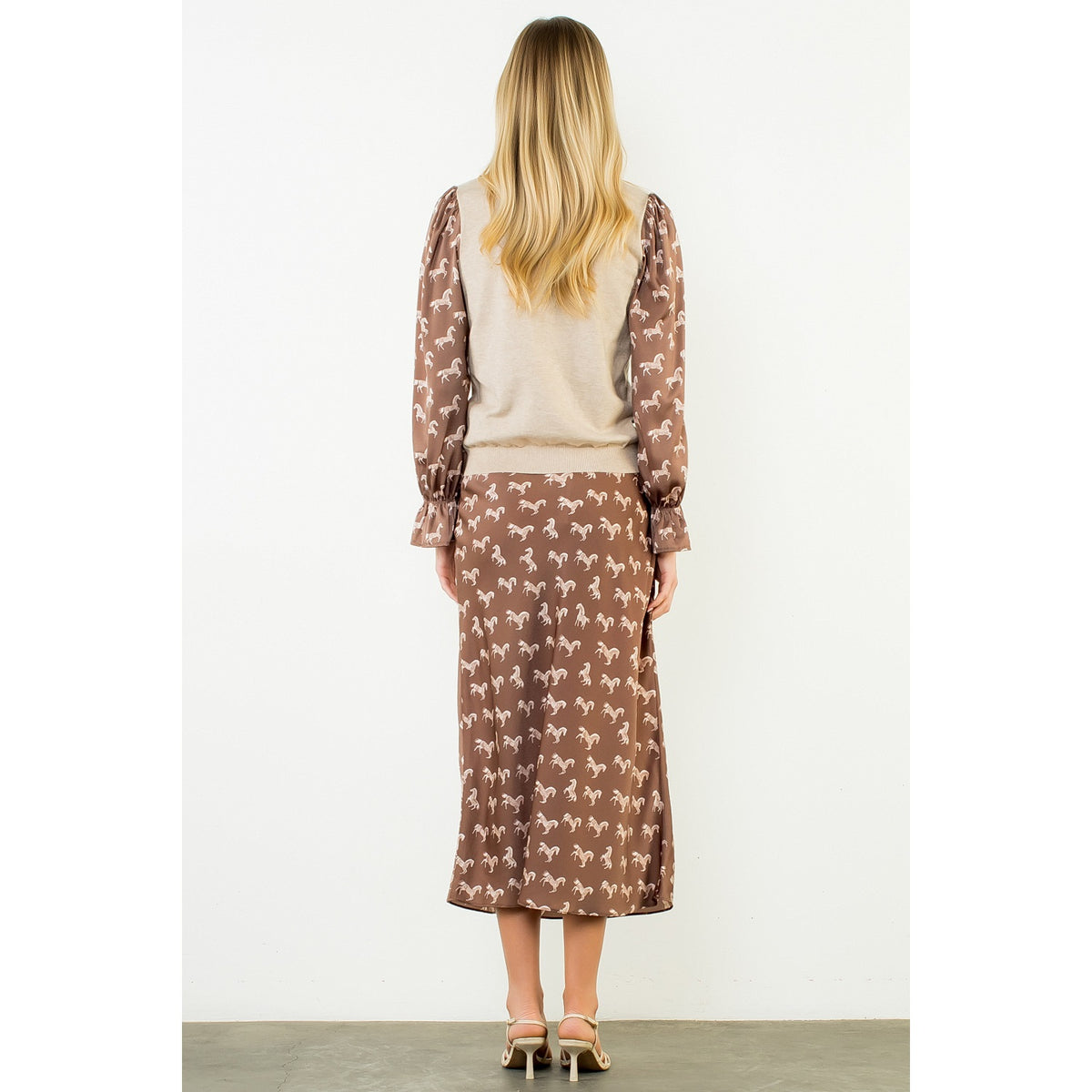 Horse Print Sleeve Top- Beige
