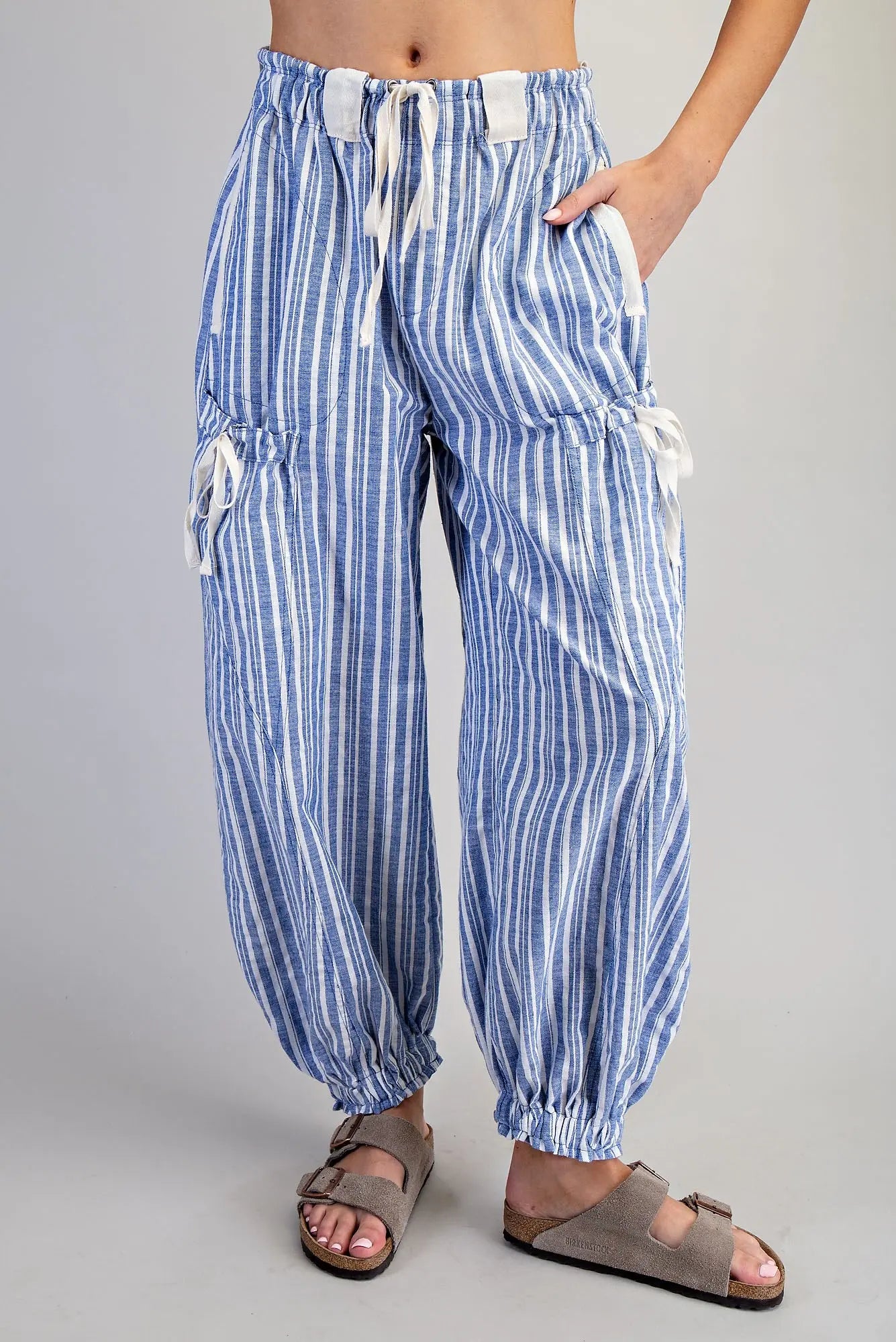 Soft Washed Striped Jogger Pants- Coastal Blue