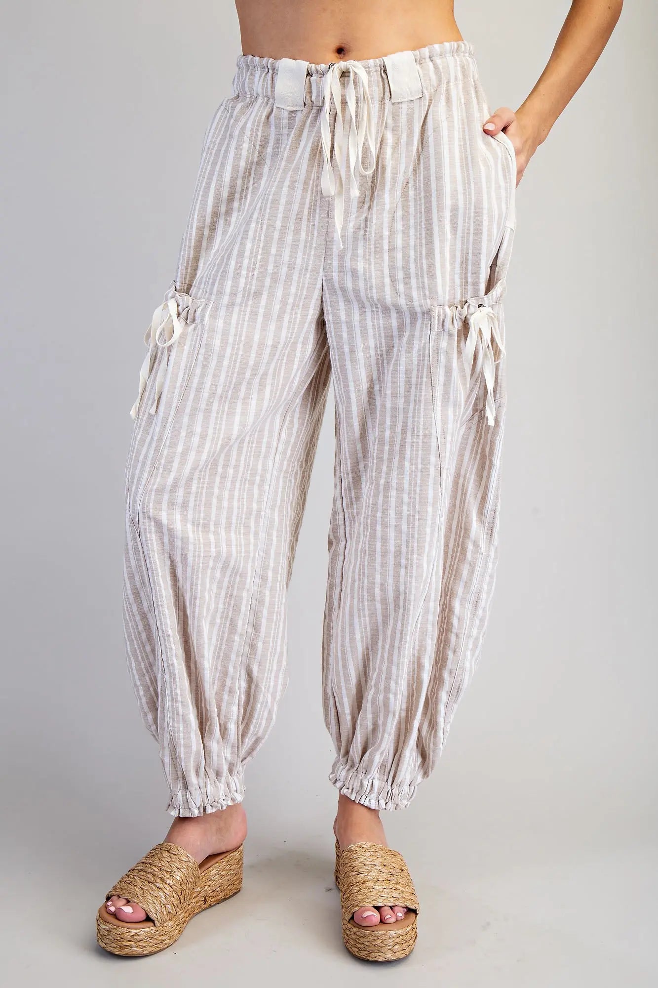Soft Washed Striped Jogger Pants- Oatmeal