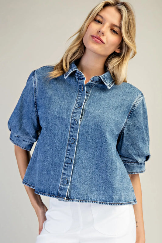 Denim Button Down Puff Sleeve Top
