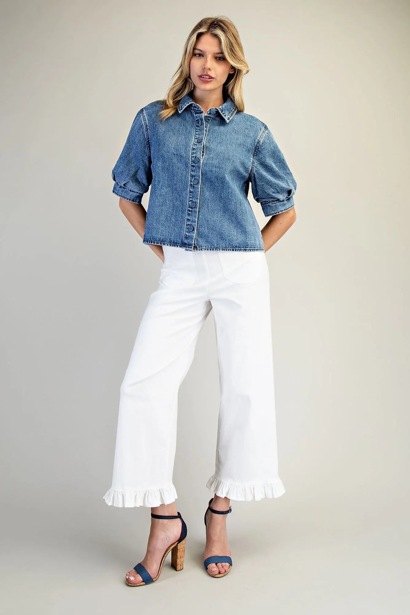 Denim Button Down Puff Sleeve Top
