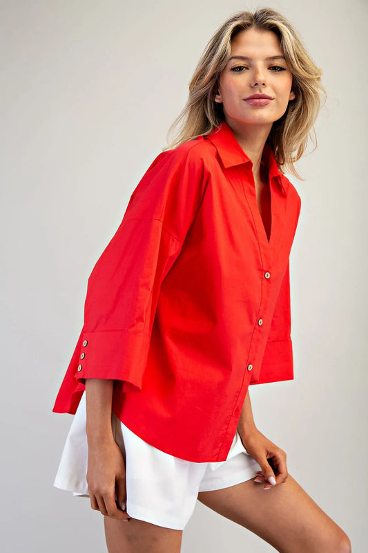Back Pleat Button Down Blouse Top- Tomato