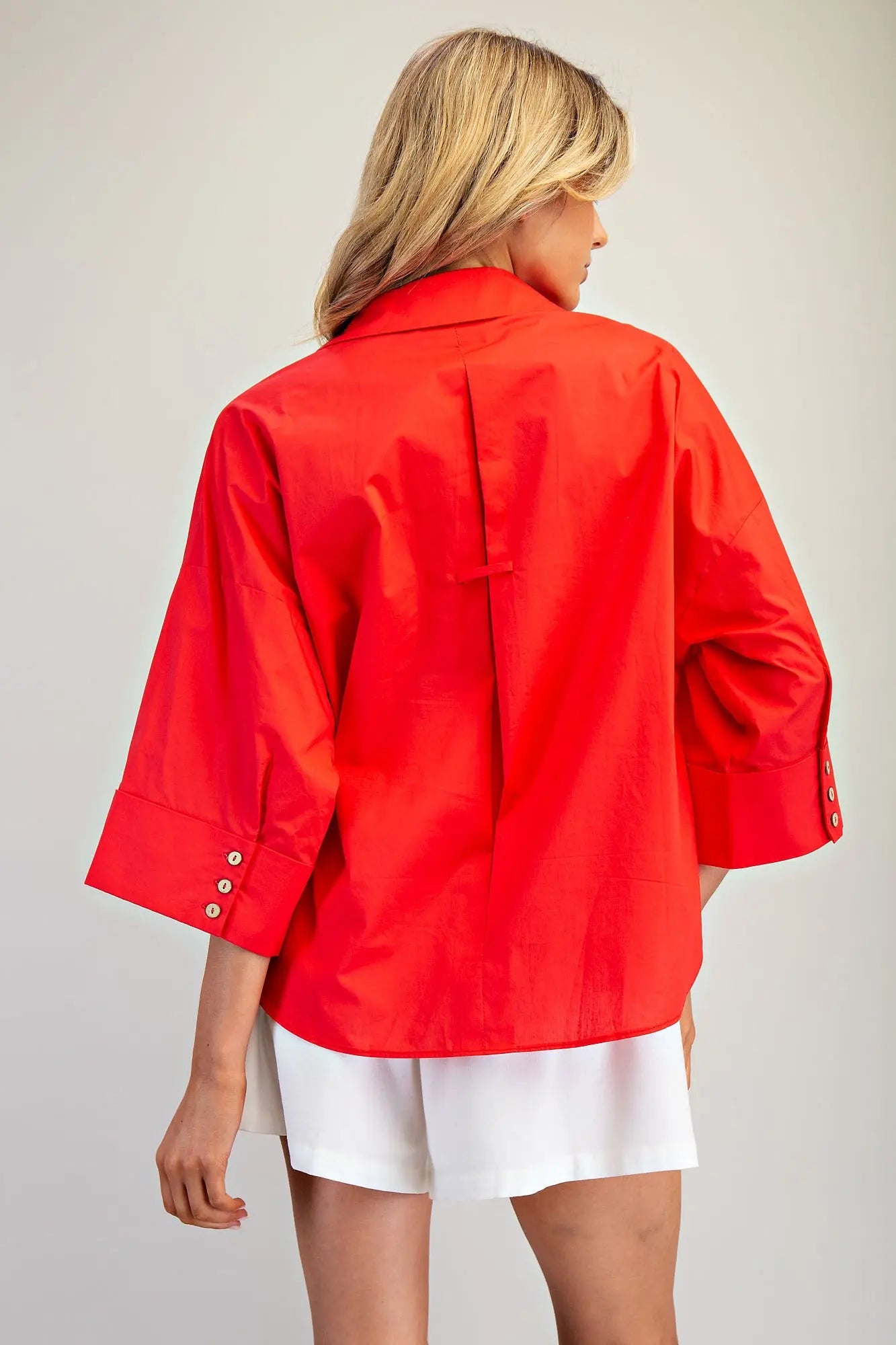 Back Pleat Button Down Blouse Top- Tomato