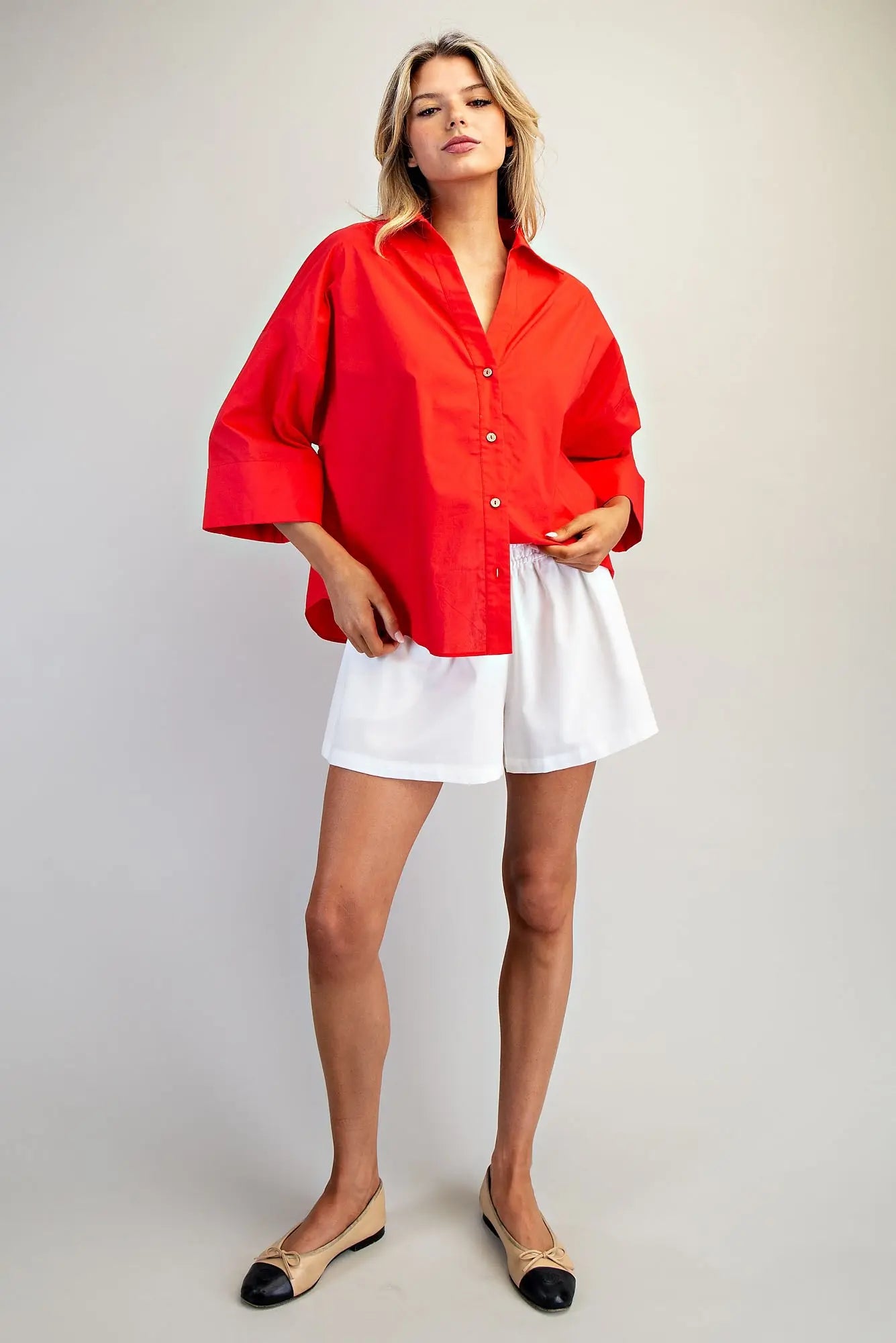 Back Pleat Button Down Blouse Top- Tomato