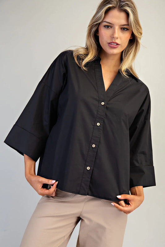 Back Pleat Button Down Blouse Top- Black