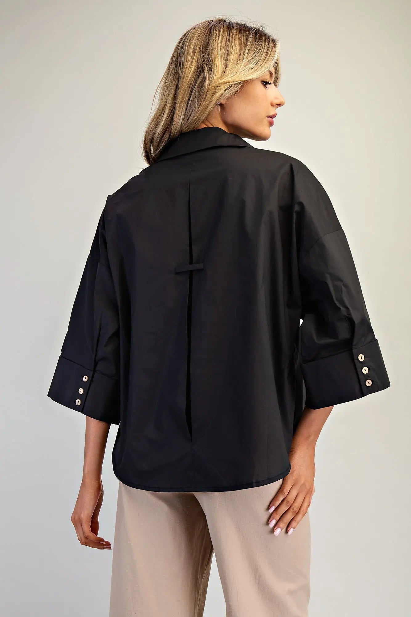 Back Pleat Button Down Blouse Top- Black