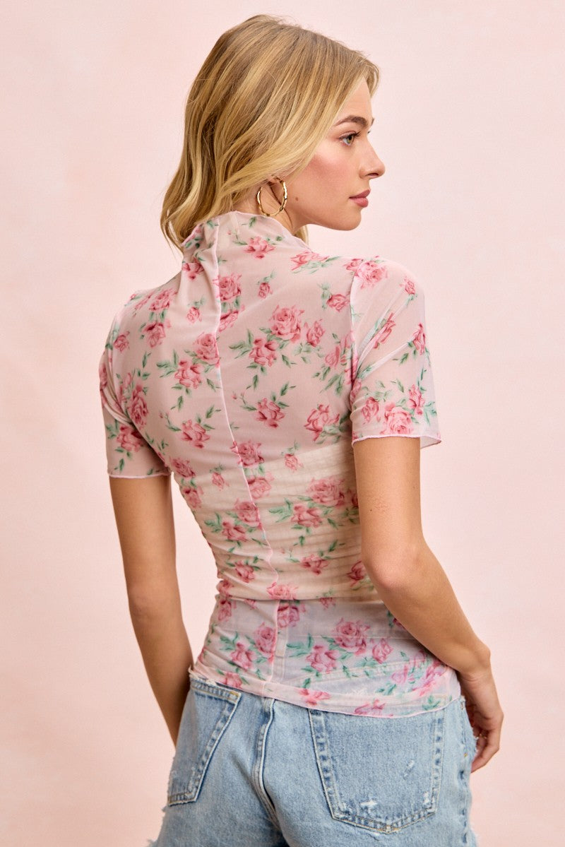 High Neckline Short Sleeves Floral Print Mesh Top