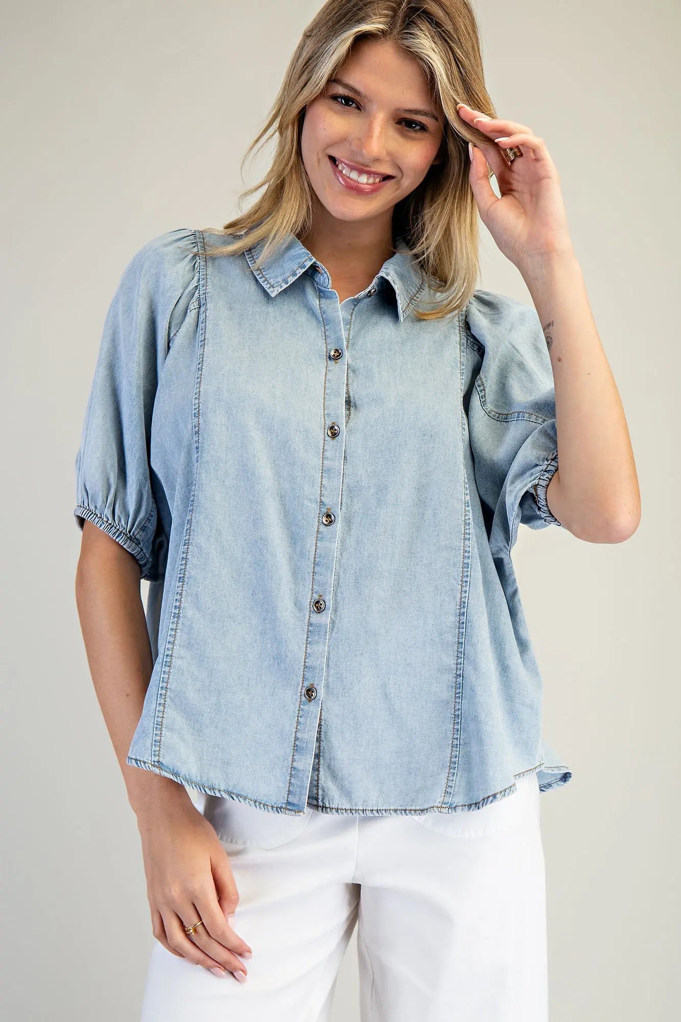 Stone Washed Chambray Button Down Top