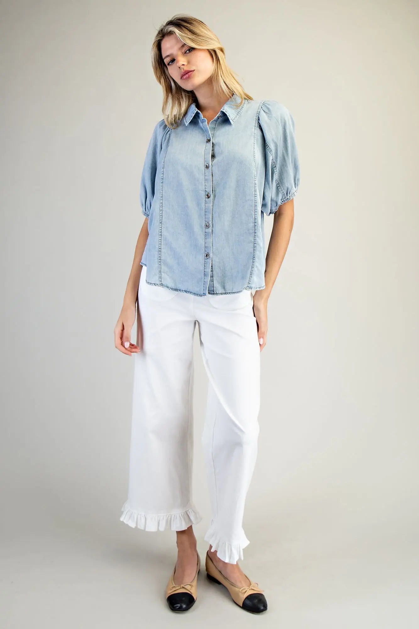 Stone Washed Chambray Button Down Top