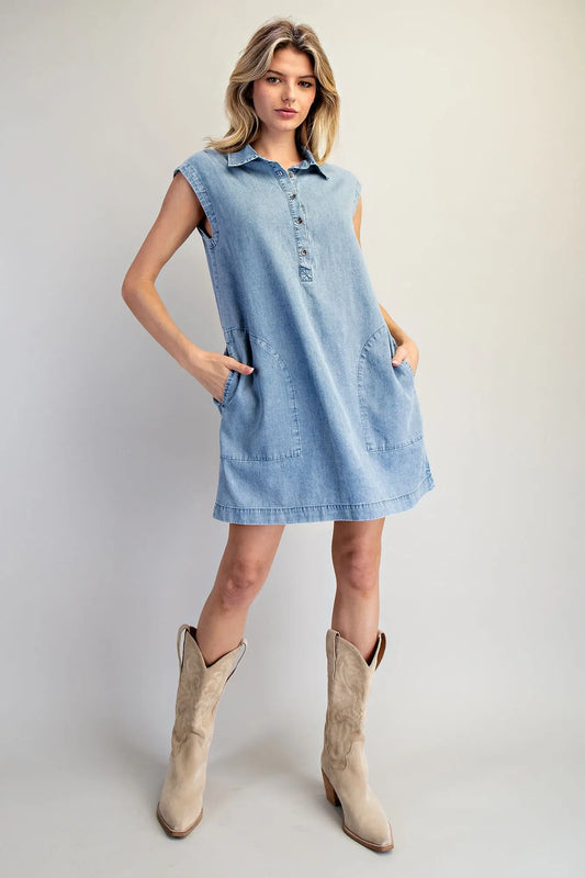 Sleeveless Button Down Denim Mini Dress