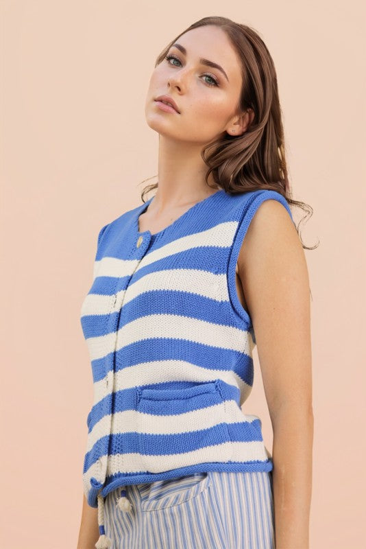Blue Stripe Button Down Knit Sweater Top