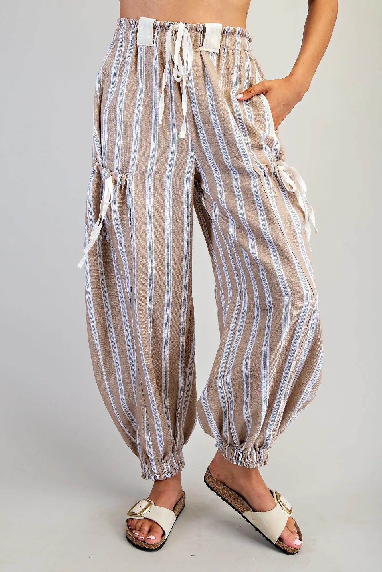 Soft Washed Striped Side Pocket Pants- Almond