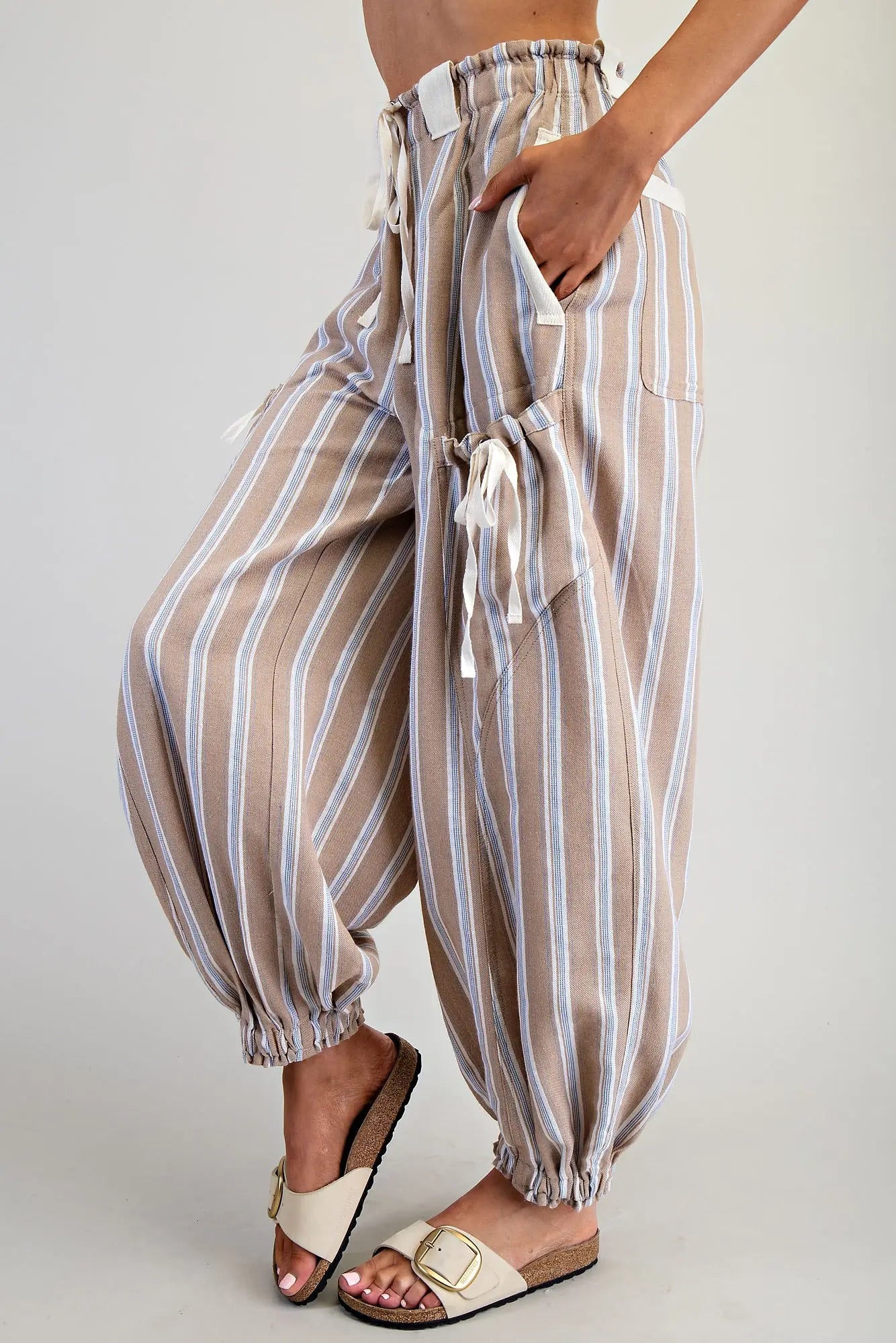 Soft Washed Striped Side Pocket Pants- Almond