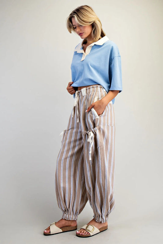 Soft Washed Striped Side Pocket Pants- Almond