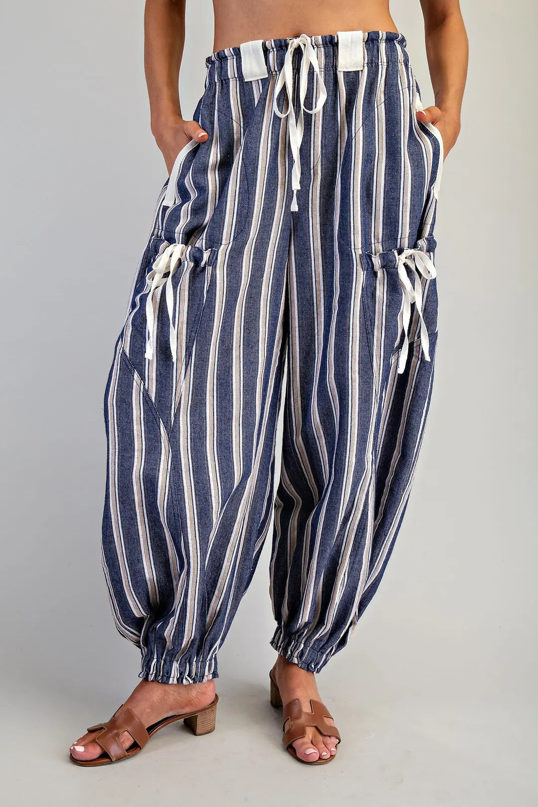 Soft Washed Striped Side Pocket Pants- Navy