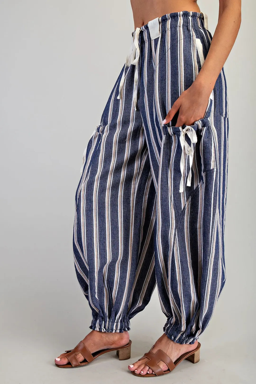 Soft Washed Striped Side Pocket Pants- Navy