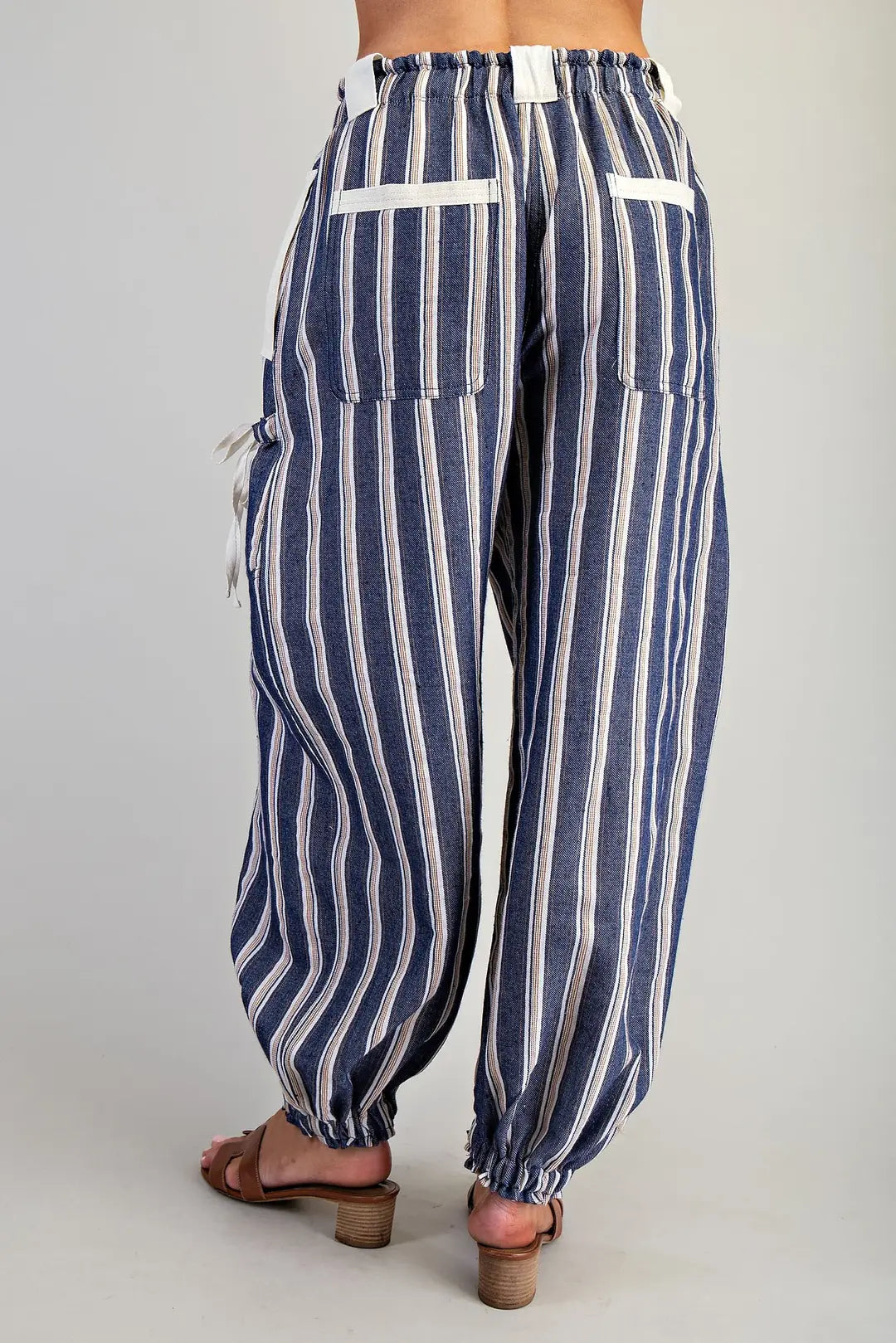 Soft Washed Striped Side Pocket Pants- Navy