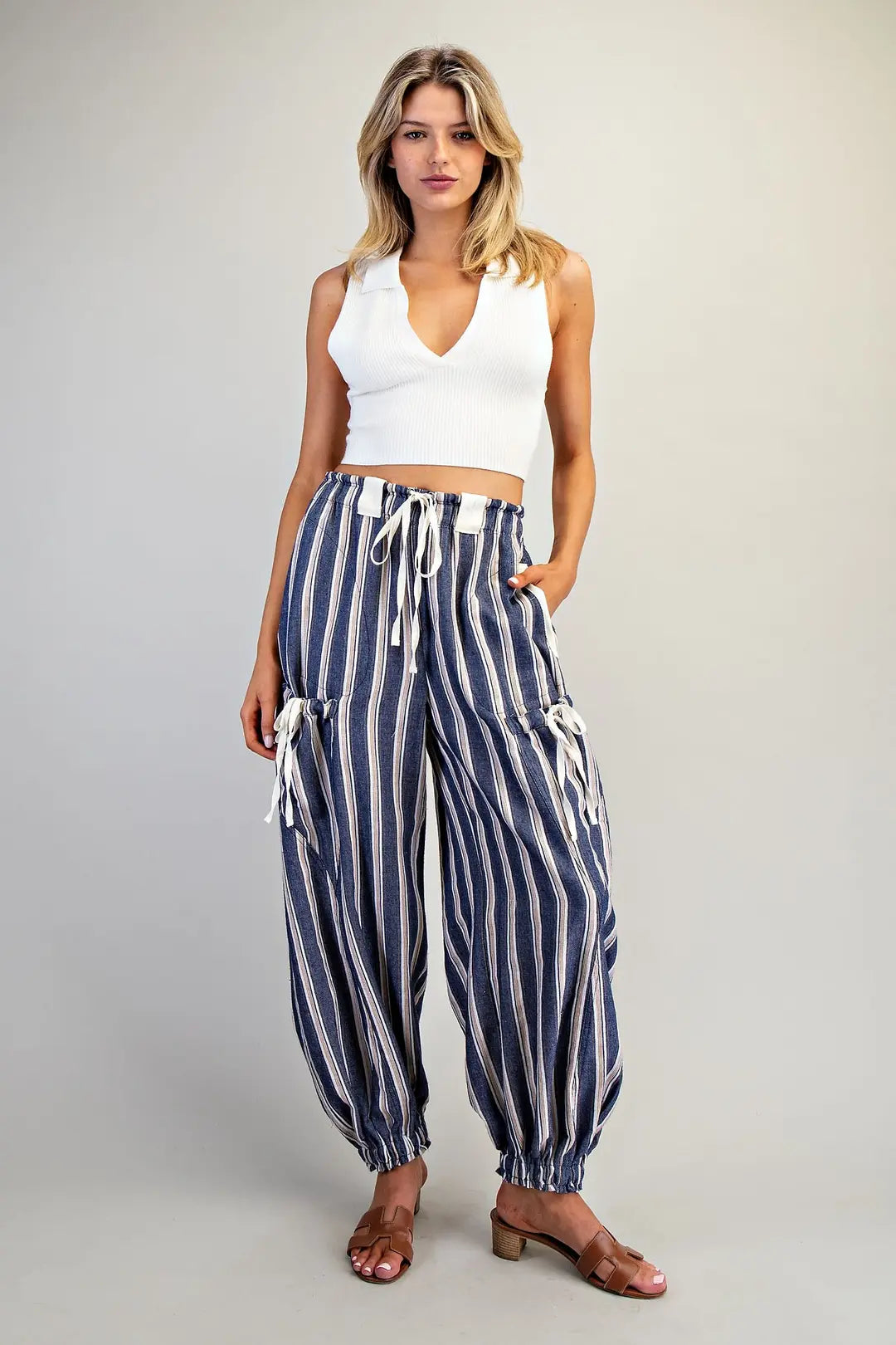 Soft Washed Striped Side Pocket Pants- Navy