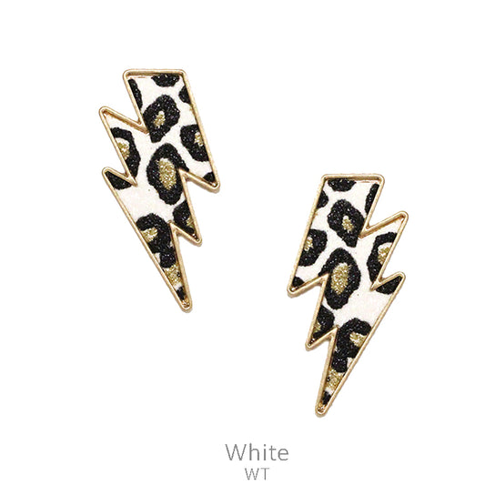 White & Leopard Lightning Bolt Post Earrings