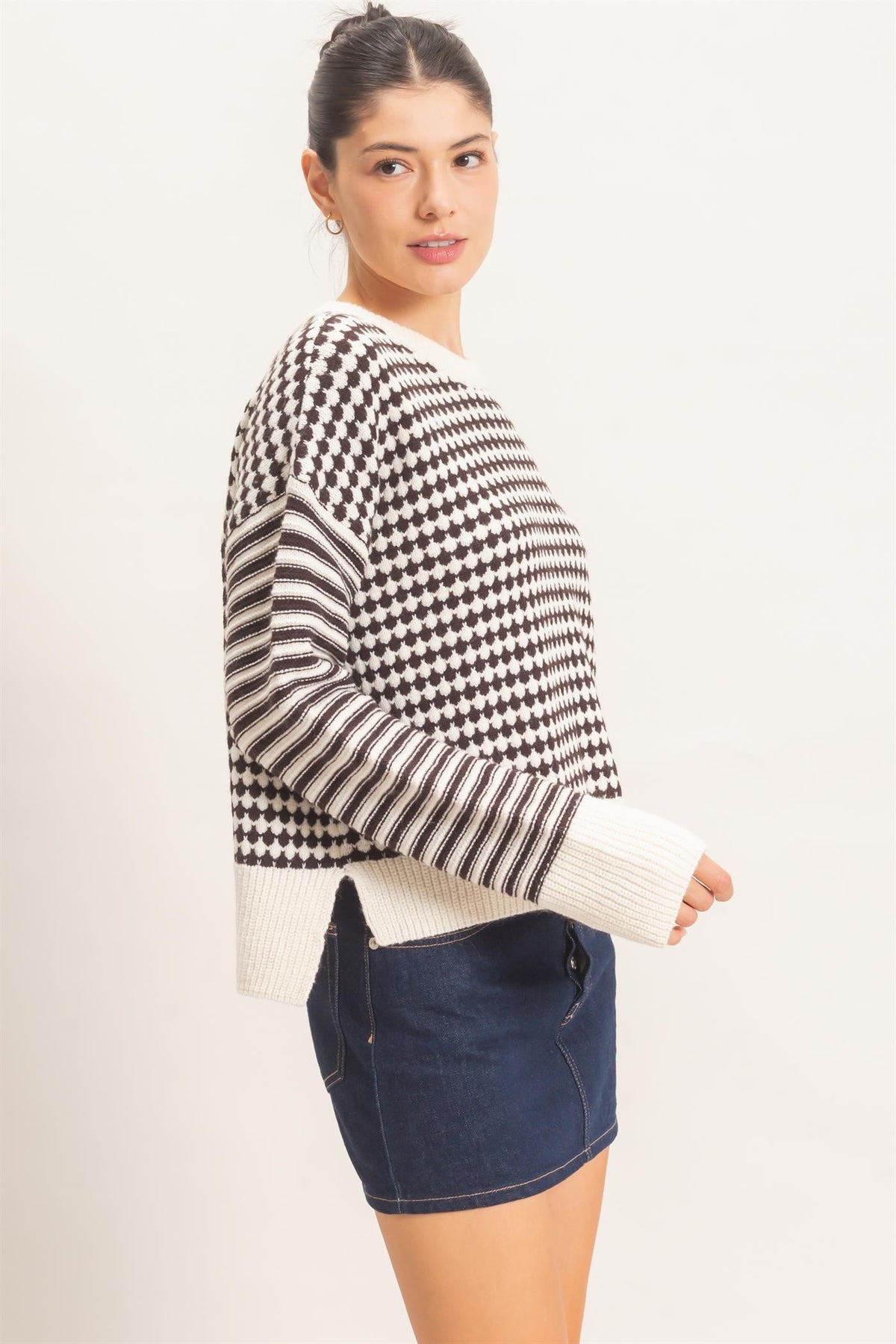 Brown Mixed Pattern Long Sleeve Sweater