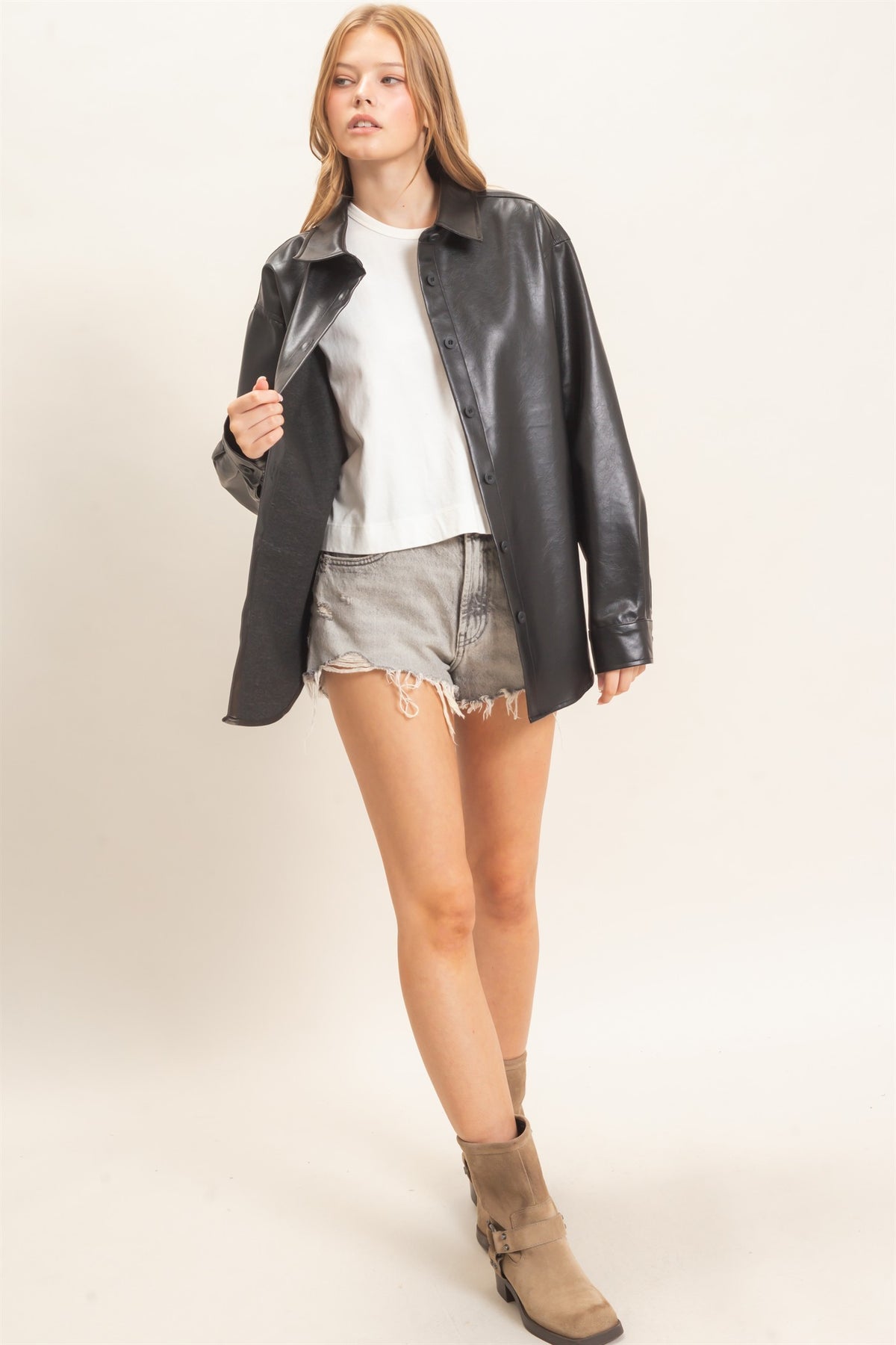 Faux Leather Button-Down Shirt- Black