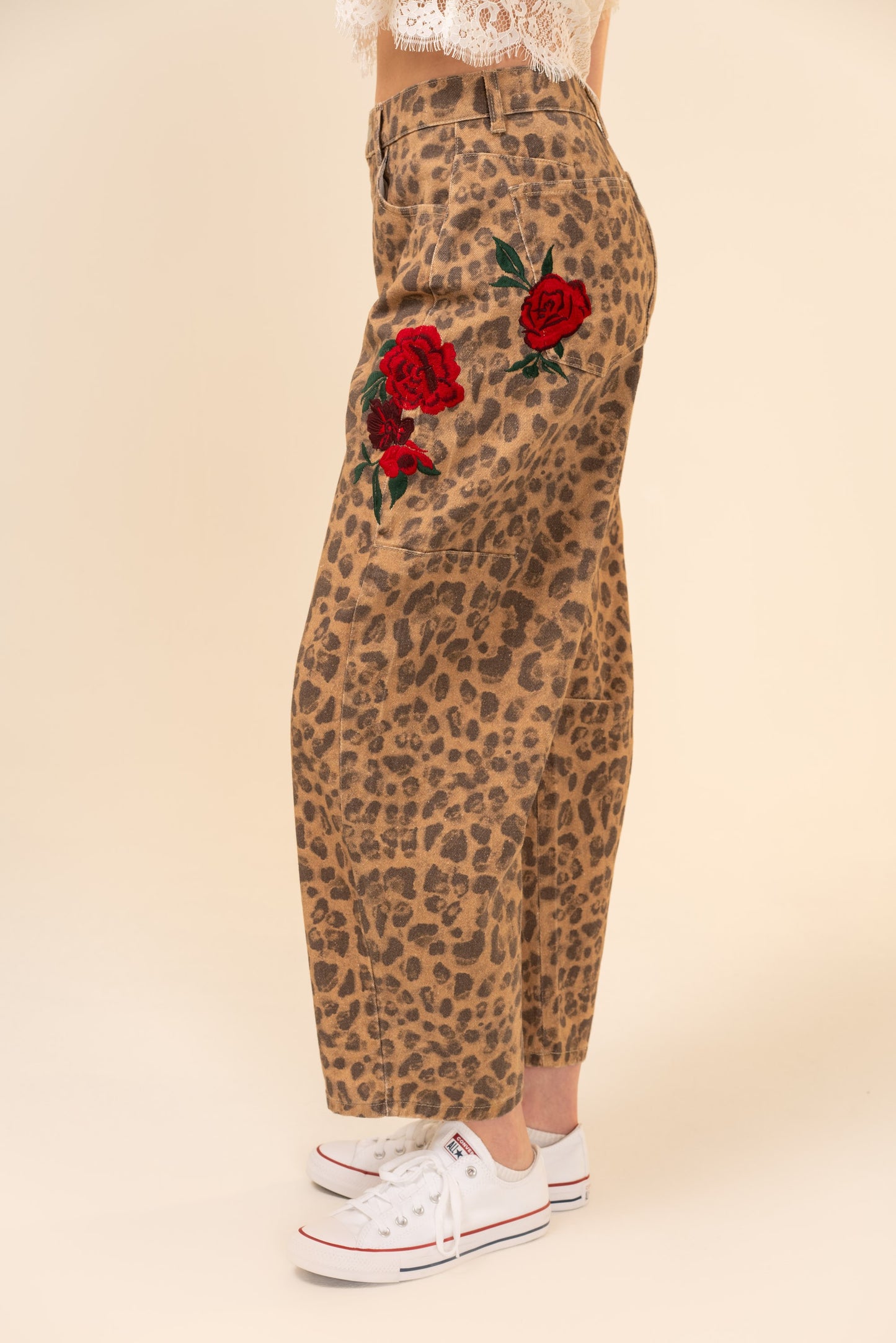 Rose Embroidered Leopard Barrel Pants