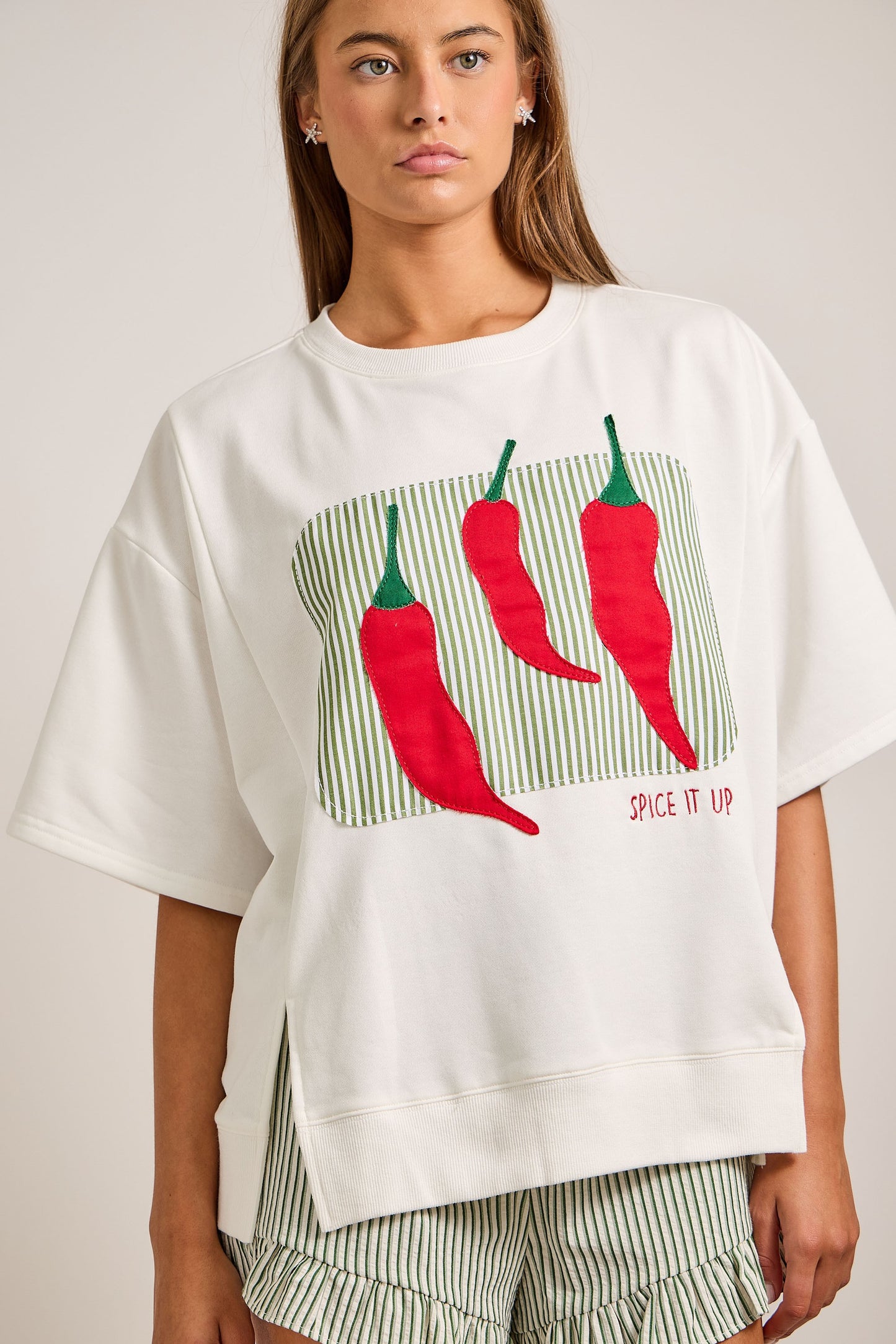 Oversized Bold Chili Pepper Appliqué Top
