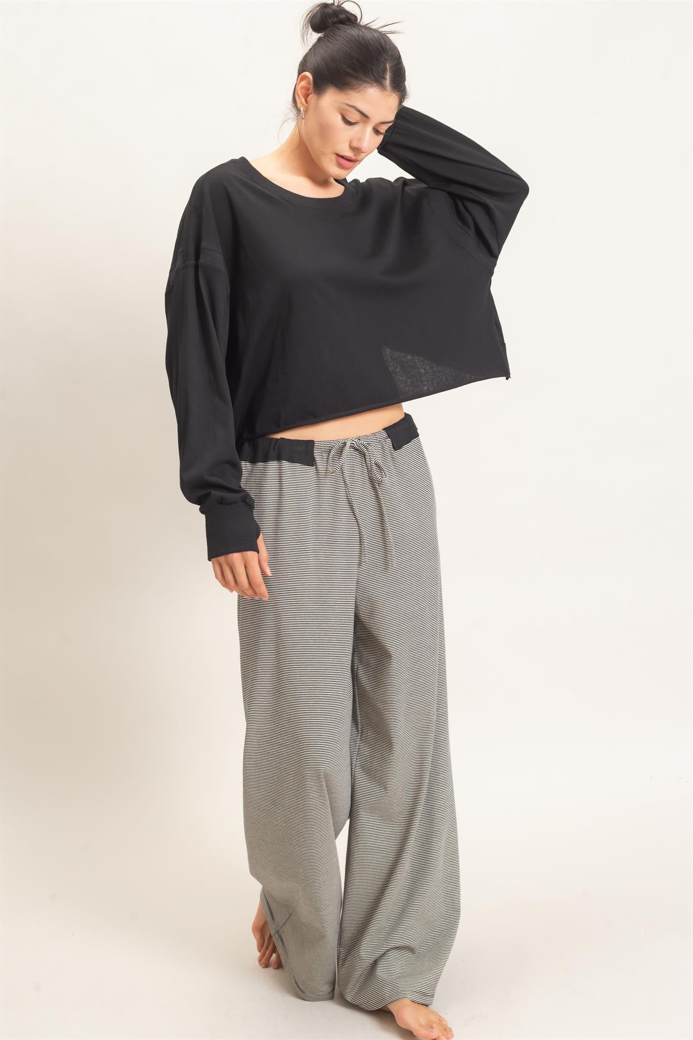 Black Thin Striped Wide Leg Pants