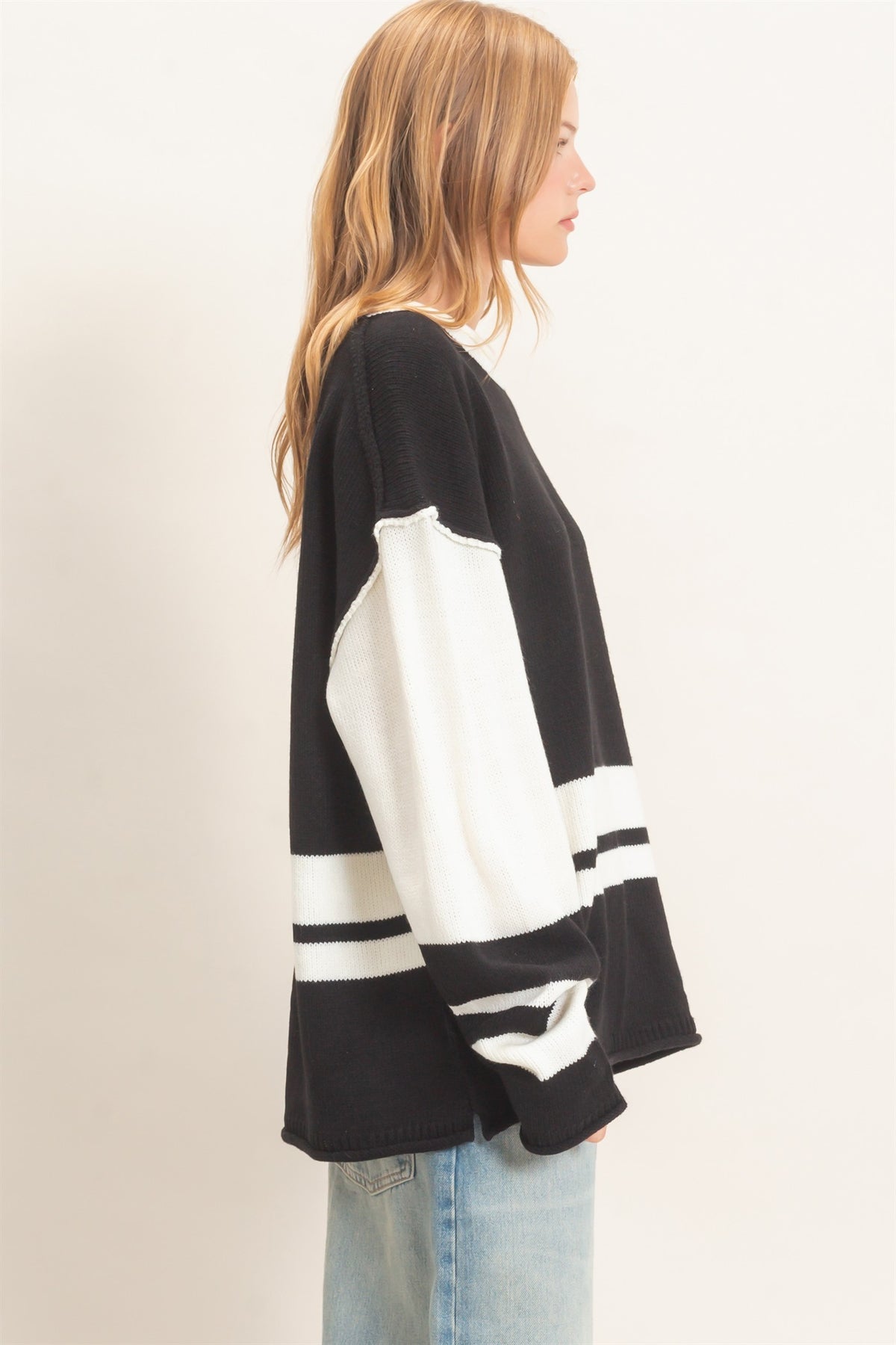 Black Striped Crew Neck Sweater