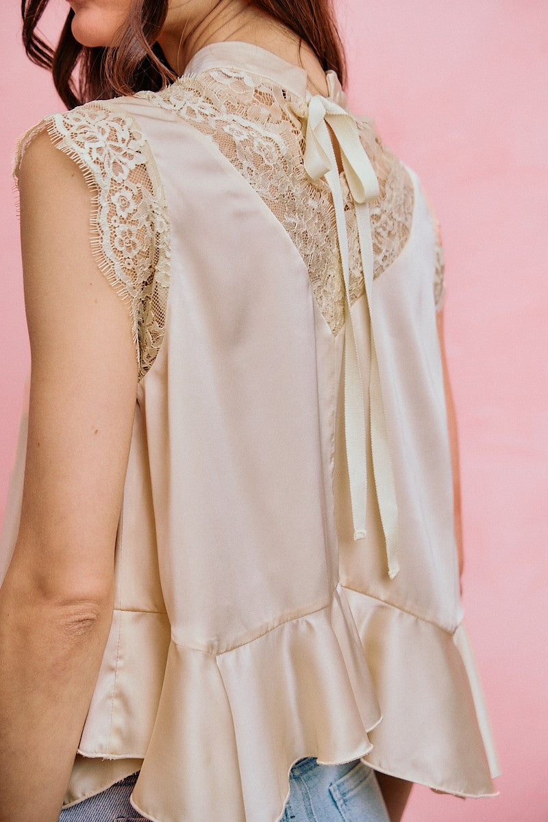 Satin Lace Trim Mock Neck Top
