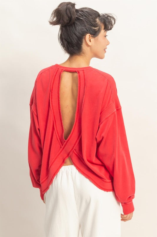 Cross Detail Open Back Sweatshirt- Red