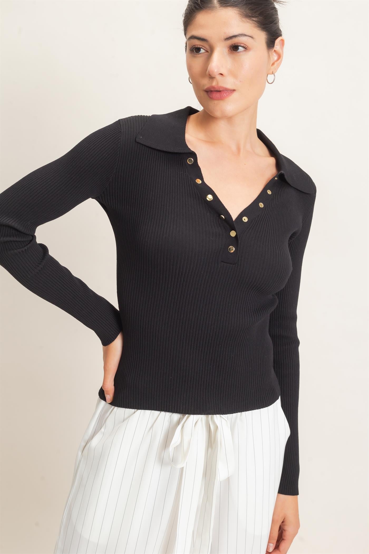 Black Ribbed V-Neck Sweater