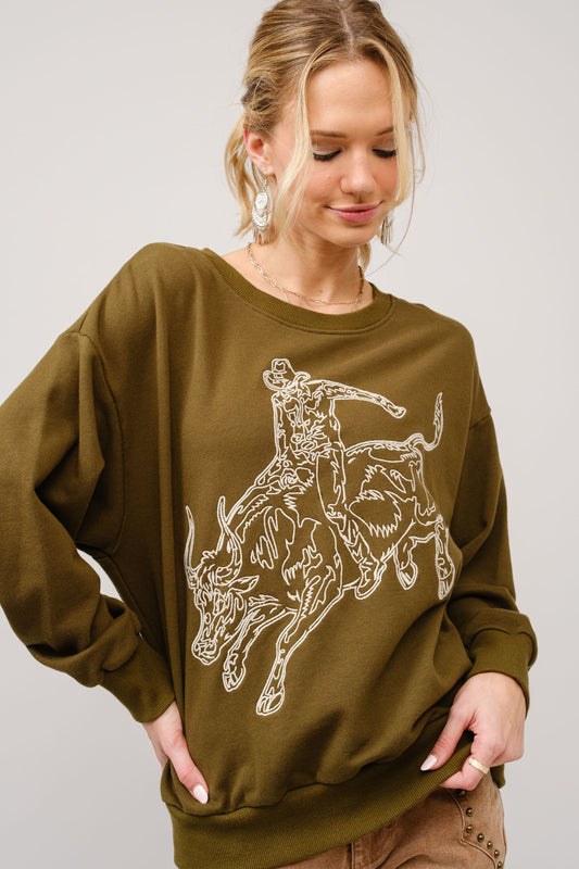 Green Embroidered Bucking Bull Pullover