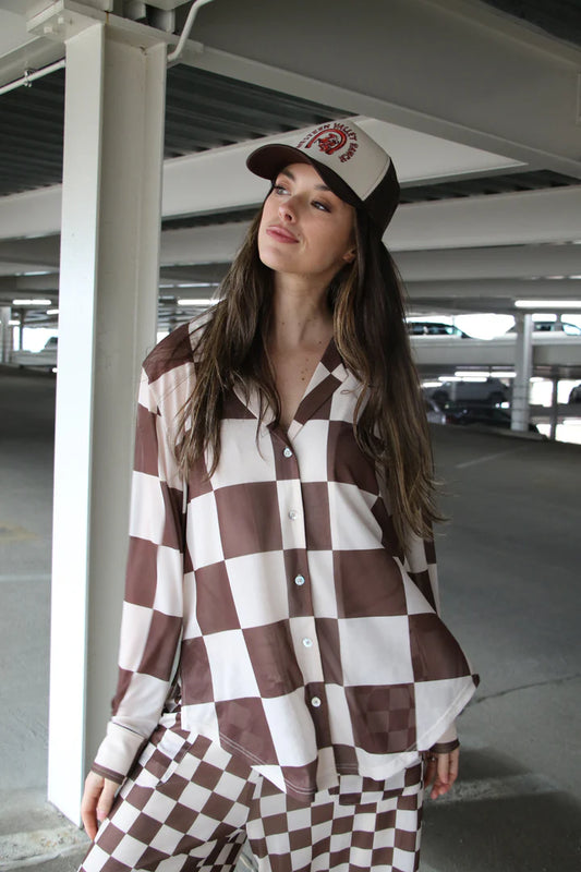 Brown Check Mesh Button Up Top