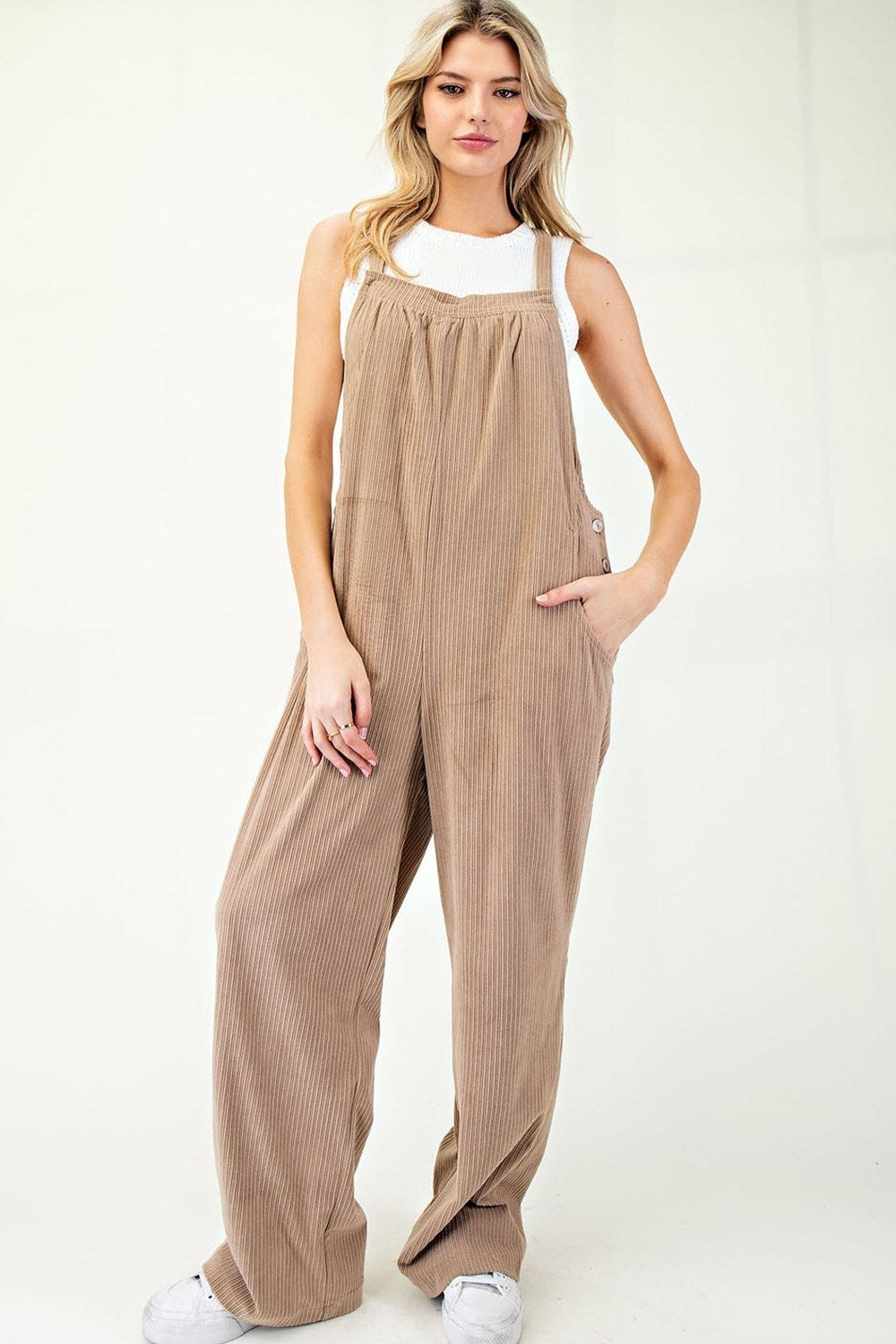 Latte Button Detailed Corduroy Overalls