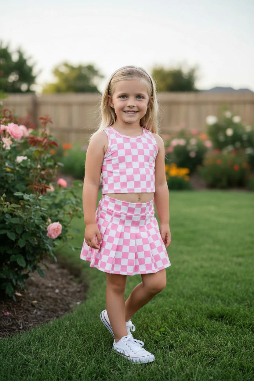 Light Pink & White Checker Print Crop Top & Short Set