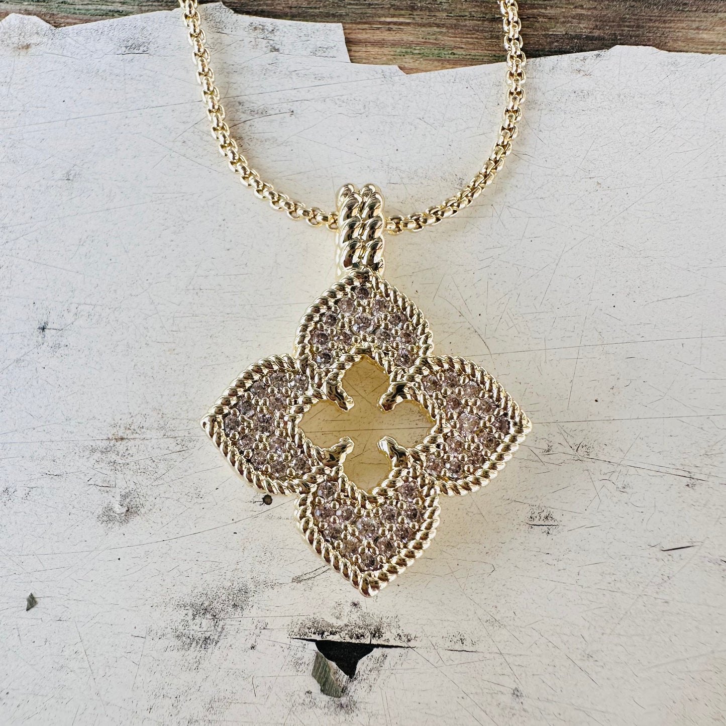 Gold Rhinestone Clover Pendant Necklace