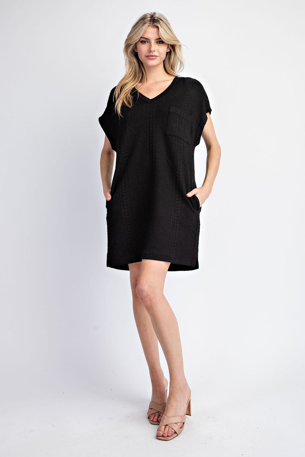 Black Textured V-neck Mini Dress