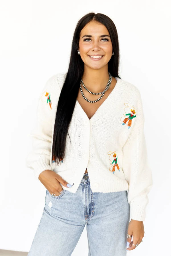 Roping Cowboy Embroidered Cream Cardi