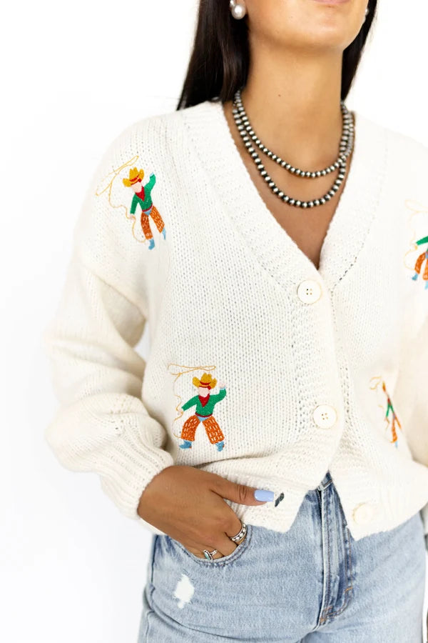 Roping Cowboy Embroidered Cream Cardi