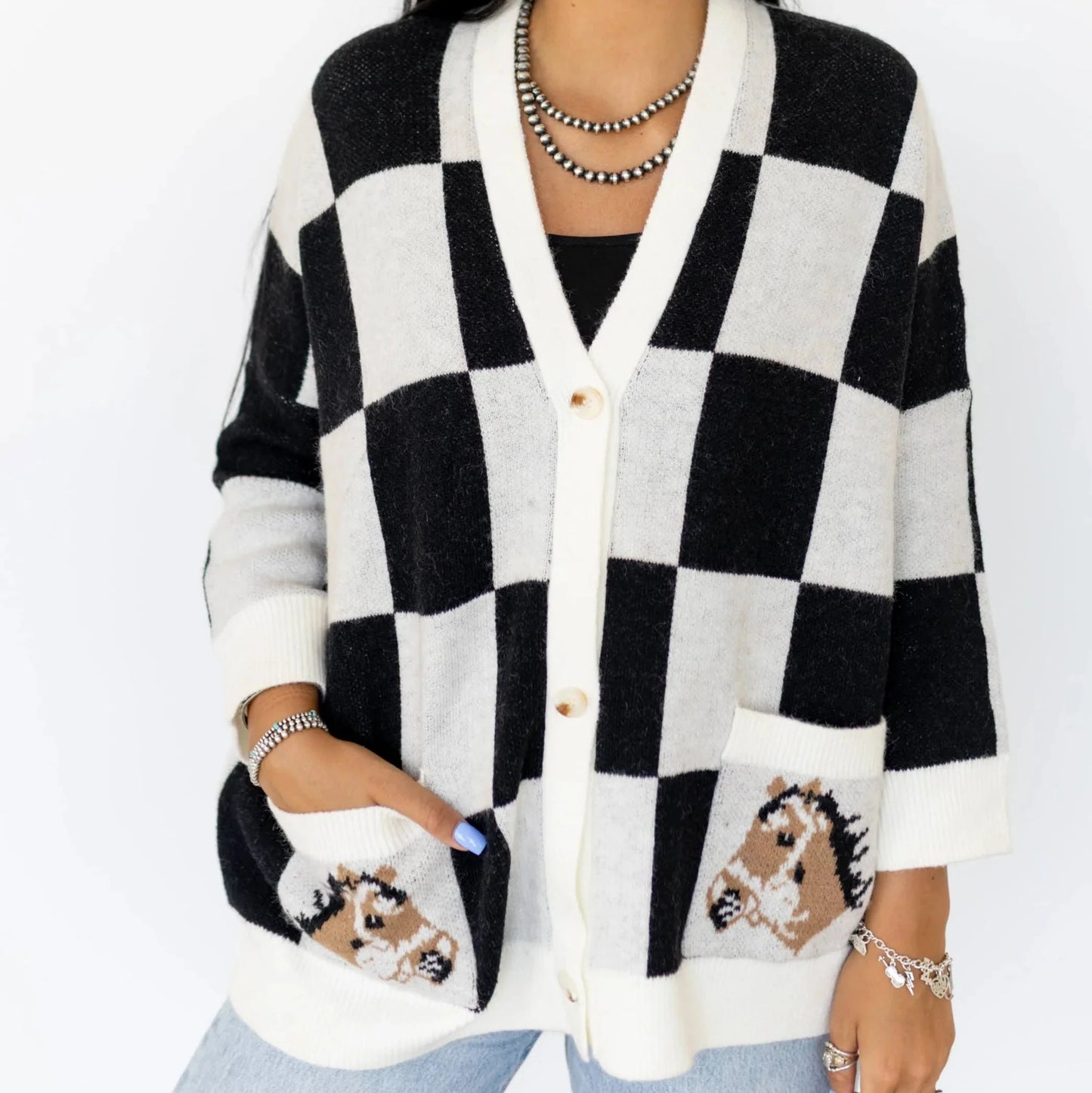 Black Check & Horse Cardigan