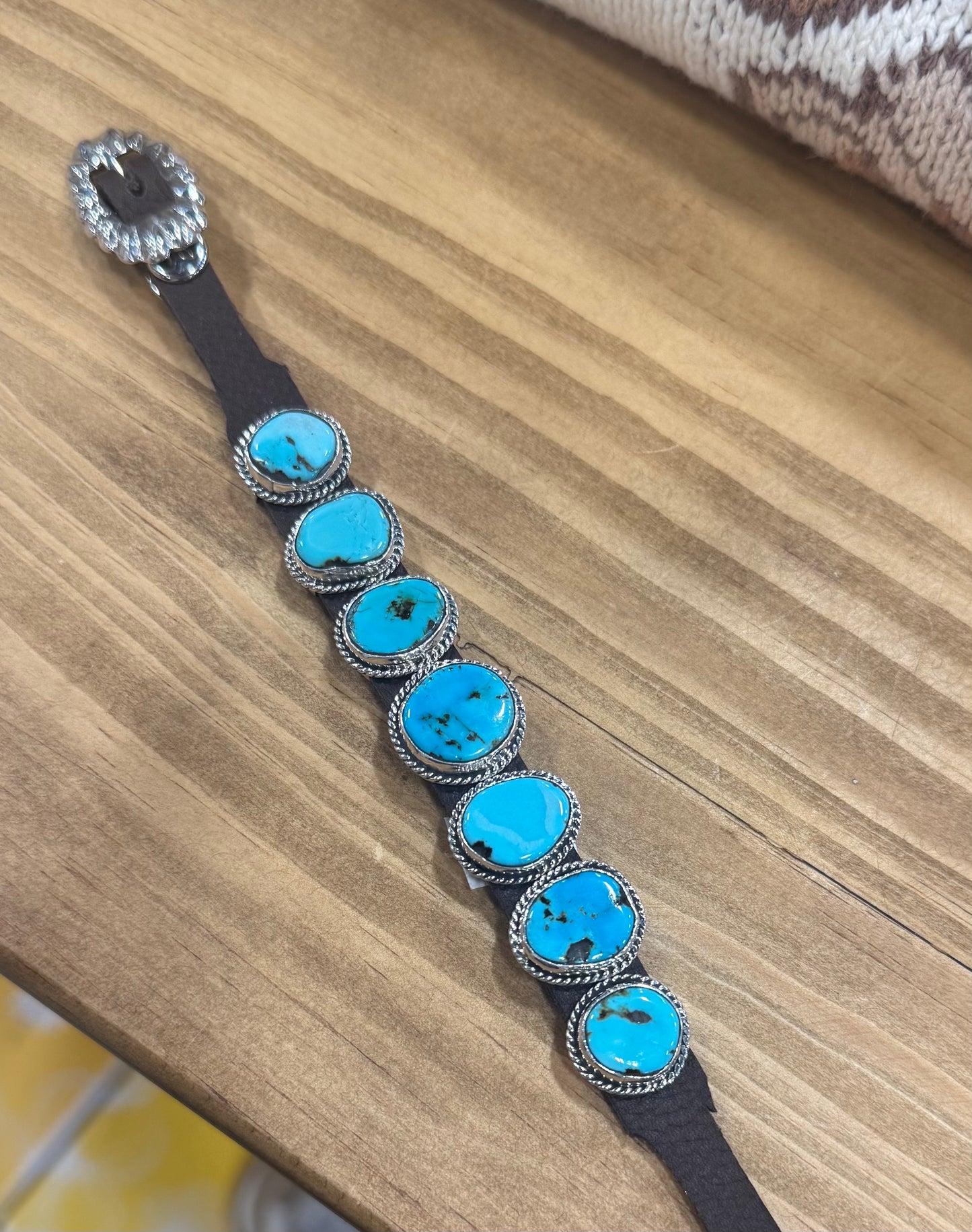 Sterling & 7 Stone Turquoise Leather Bracelet
