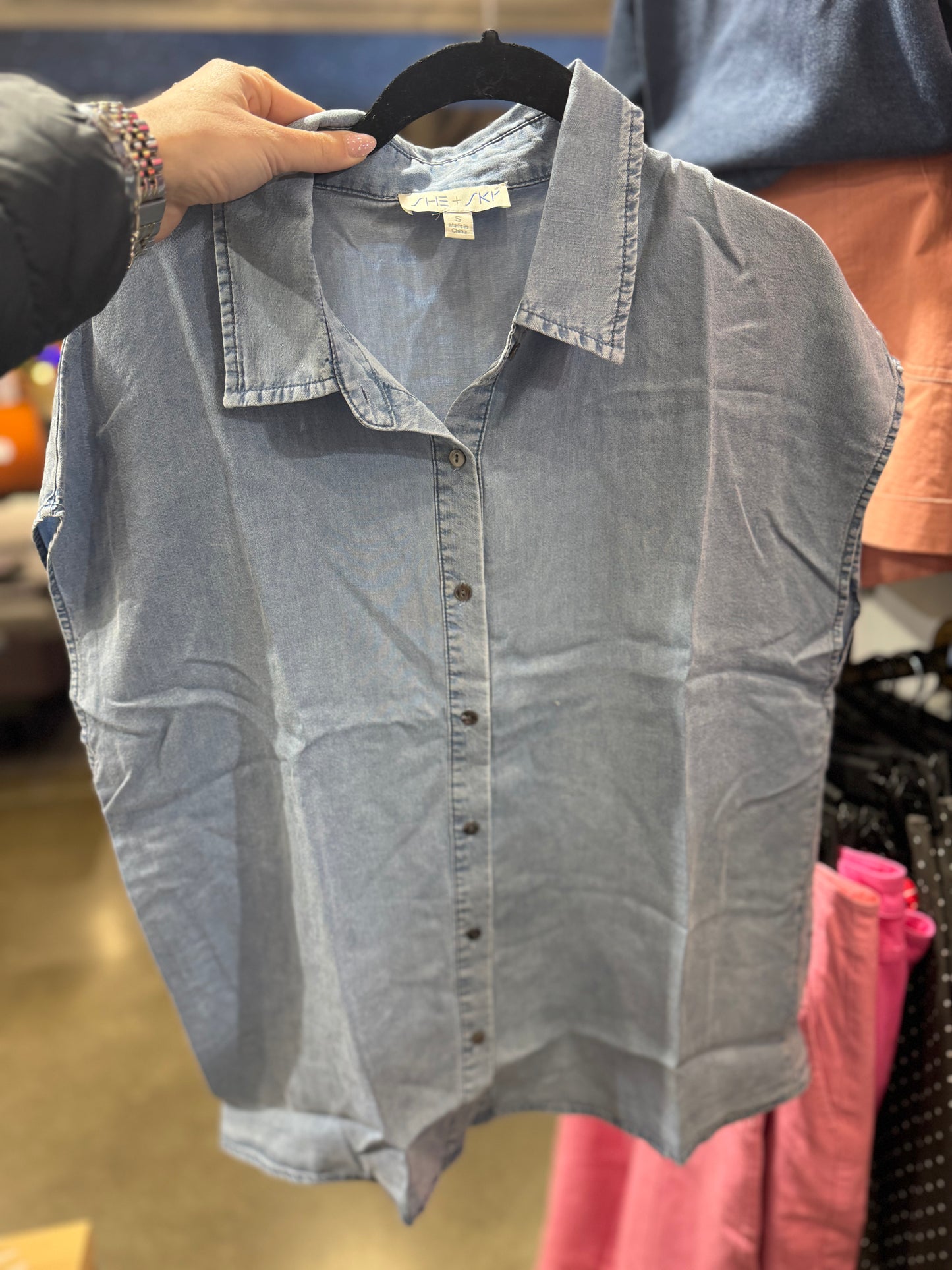 Denim Short Sleeve Button Down Blouse