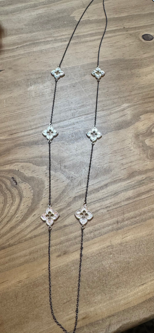 Black Chain and Gold Crystal Cross Long Necklace