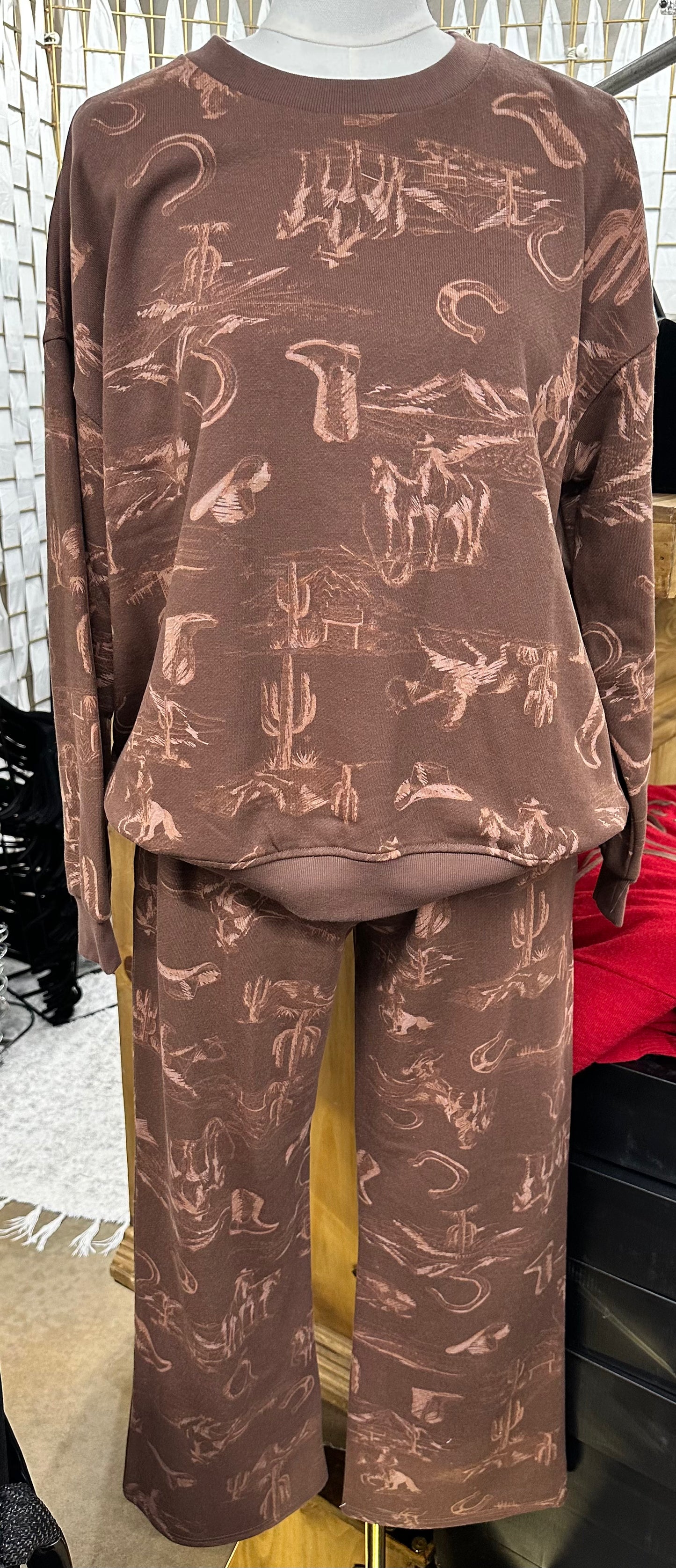 Western Print Knit Top & Jogger Set