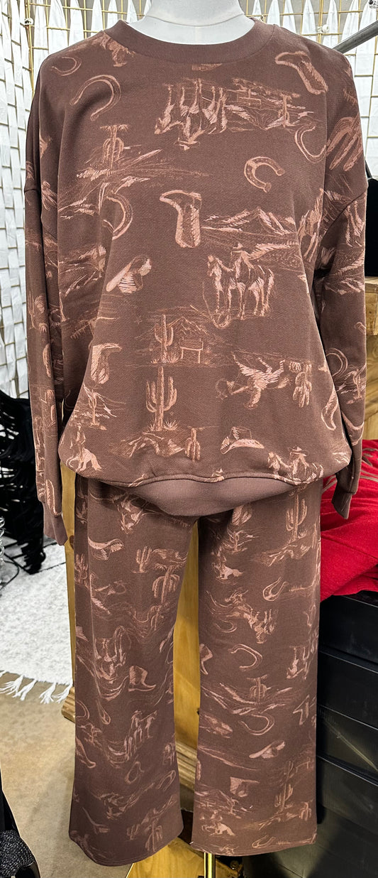 Western Print Knit Top & Jogger Set
