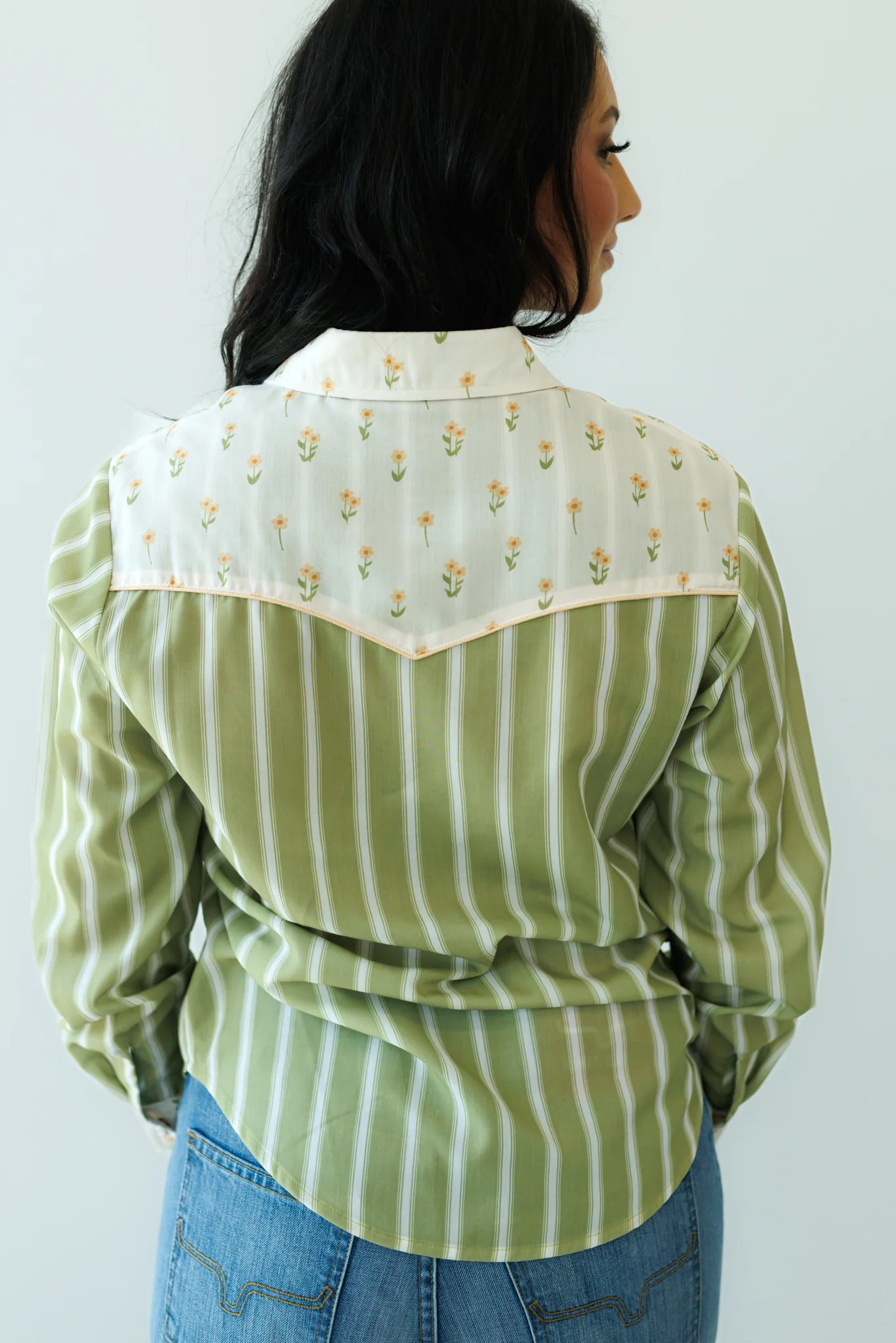Olive Floral Stripe Pearl Snap Shirt