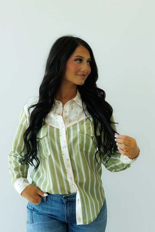 Olive Floral Stripe Pearl Snap Shirt